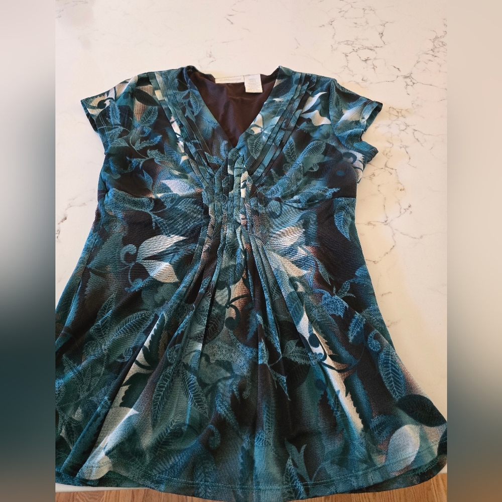 Worthington Teal and Black Floral Blouse